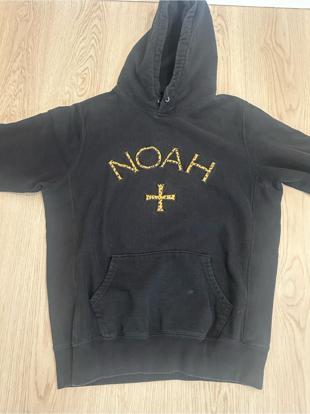 NOAH NYC streetwear Black/Leopard Print hoodie with gold crodd size Large